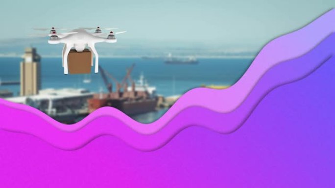 紫色抽象液体形状无人机在背景中携带交货箱