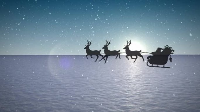 圣诞老人在雪橇上的动画，驯鹿在下雪的冬天风景中经过