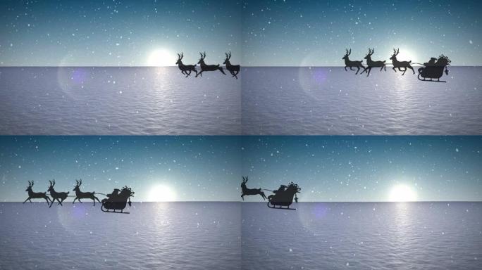 圣诞老人在雪橇上的动画，驯鹿在下雪的冬天风景中经过