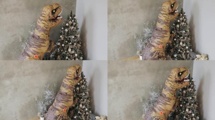 巨大的充气恐龙在新年时间装饰圣诞树
