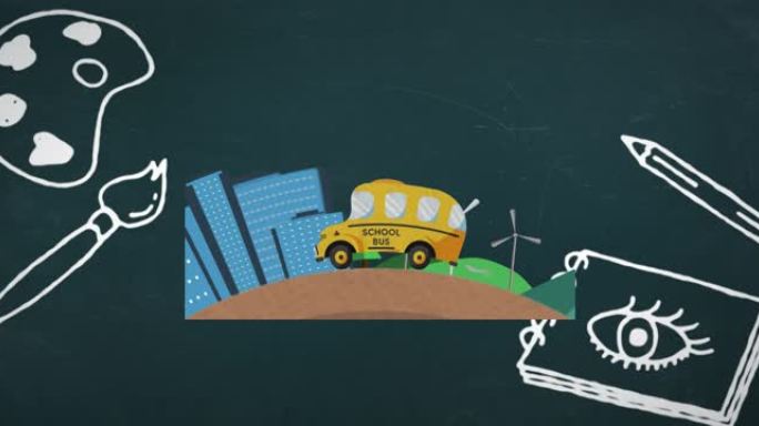蓝色背景下的校车图标上的多个艺术概念图标的数字动画