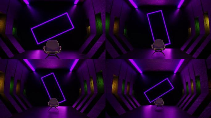 未来科幻黑暗空房间。紫色霓虹灯发光。带反射3D渲染动画的地板。概念网络朋克，朋克