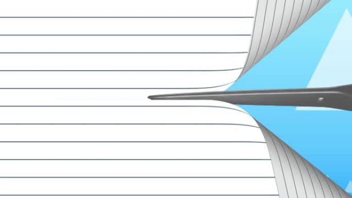 剪刀剪纸的动画，在蓝色背景上露出白色三角形