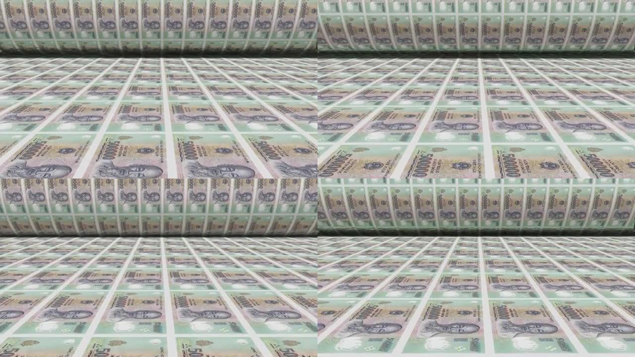 通货膨胀。越南越南盾纸币或纸币，越南越南盾货币现金。一叠印钞机。中央银行的票据流程。经济、金融。洗钱