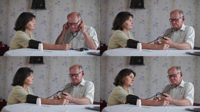 退休男子使用眼压计测量坐在家里的妻子的血压，高血压和低血压