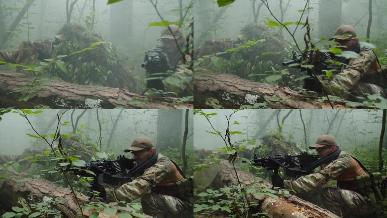 狙击手和炮手在烟云笼罩下观察敌军领土