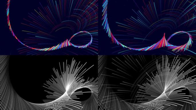发射器弯曲的蓝色红线。3d抽象bg与辉光粒子形成多色线，线扭曲为圆形结构或图案。亮度哑光作为阿尔法通