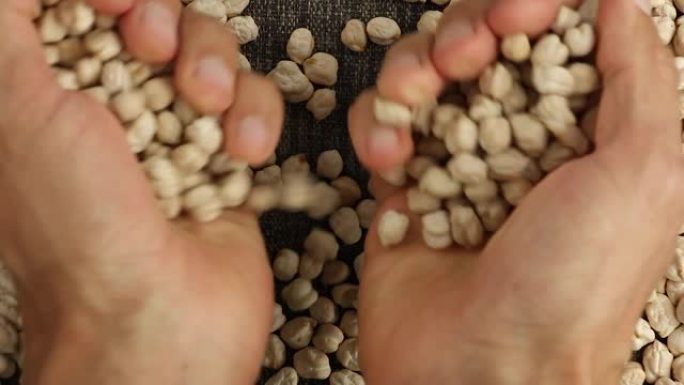 手掌将干鹰嘴豆种子撒在棕色布上，俯视图特写，植物蛋白，杂货店