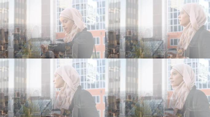 动画亚洲妇女戴头巾与咖啡在城市景观