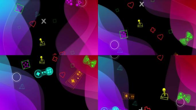 霓虹灯视频游戏的动画数字接口在粉红色和紫色的波浪上闪烁