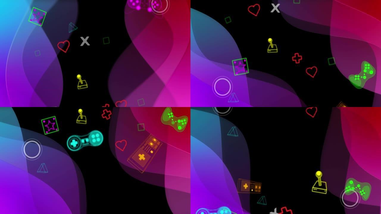 霓虹灯视频游戏的动画数字接口在粉红色和紫色的波浪上闪烁
