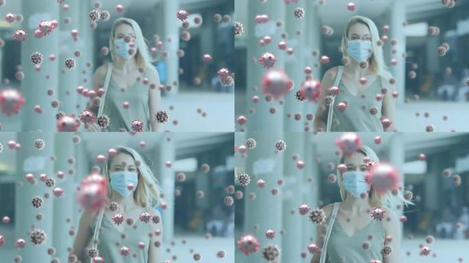 戴面罩的女人上的covid 19病毒细胞的动画