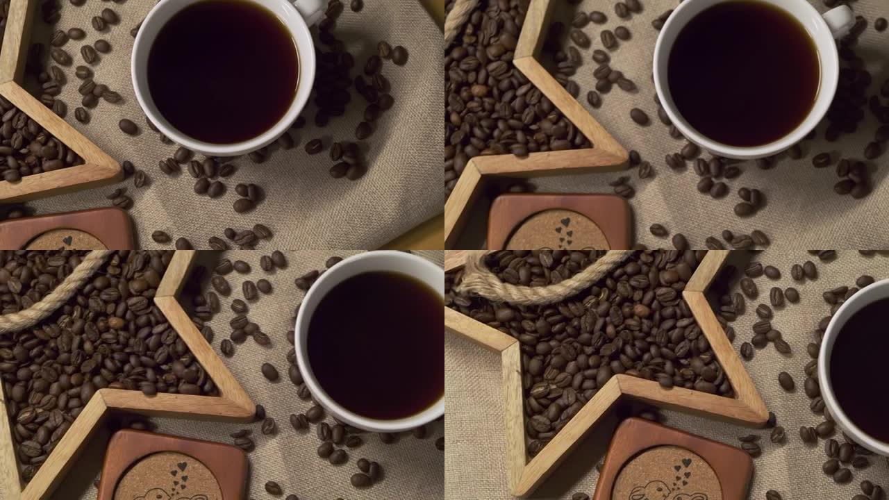 慢动作镜头木桌配白杯咖啡，零散咖啡豆