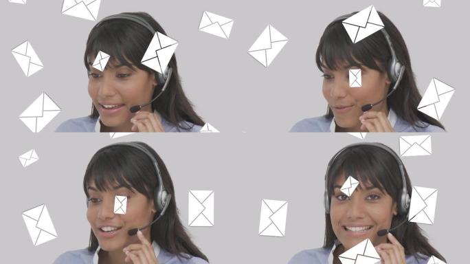 消息图标落在办公室的女性客户服务主管上，在电话耳机上交谈