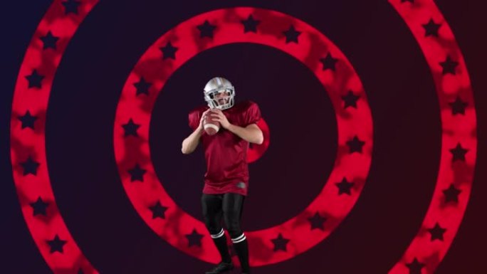 白人男性橄榄球运动员在白色背景上的旋转的圆圈上向星星投掷球