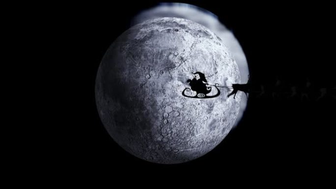 圣诞老人在雪橇上的动画，驯鹿越过月亮和星星