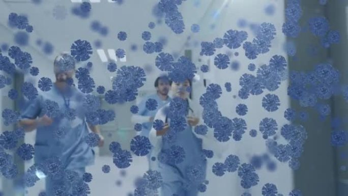 多个新型冠状病毒肺炎细胞漂浮在医院走廊上的卫生工作者团队中