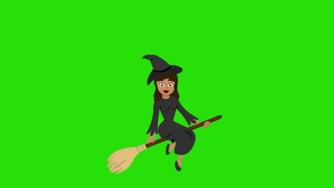 彩色绿色背景上的女巫在扫帚上飞行的循环动画