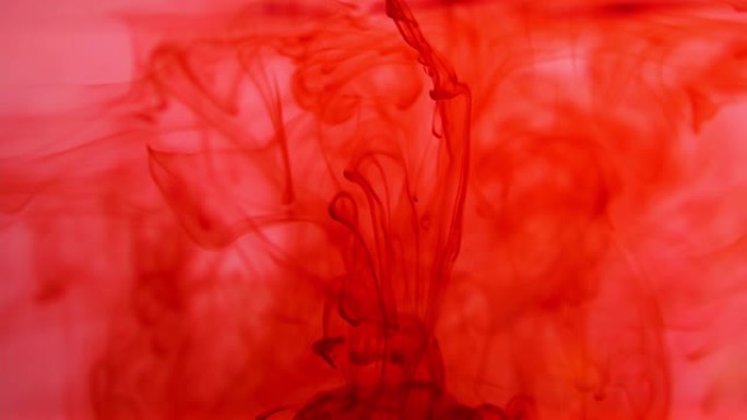红色的血液或墨水滴入水中，溶解在红色背景上，慢动作。