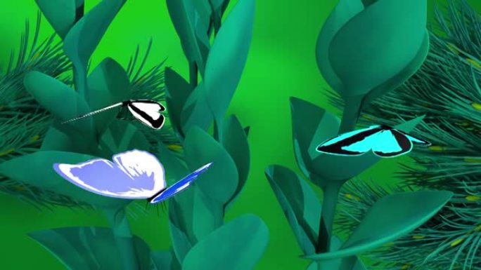 3d动画，lanscape上的许多蝴蝶，具有风效果和绿色背景 (卡通)