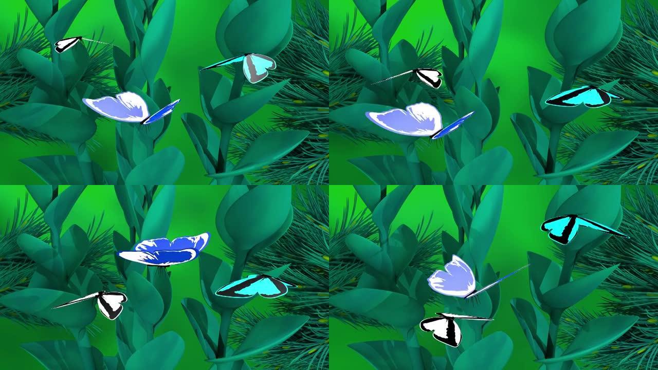 3d动画，lanscape上的许多蝴蝶，具有风效果和绿色背景 (卡通)