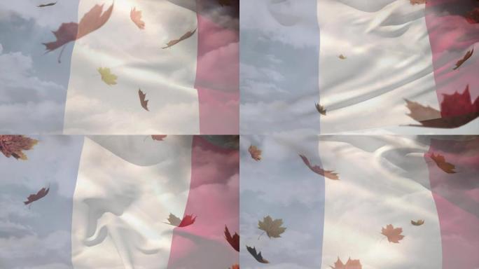 数字构图的法国挥舞的旗帜在秋天的叶子落在天空的云