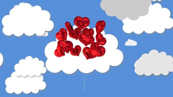 蓝色背景上一束红色心形气球对着云彩图标的数字动画