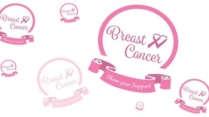 动画的多个粉红色丝带标志和乳癌文本出现在白色的背景