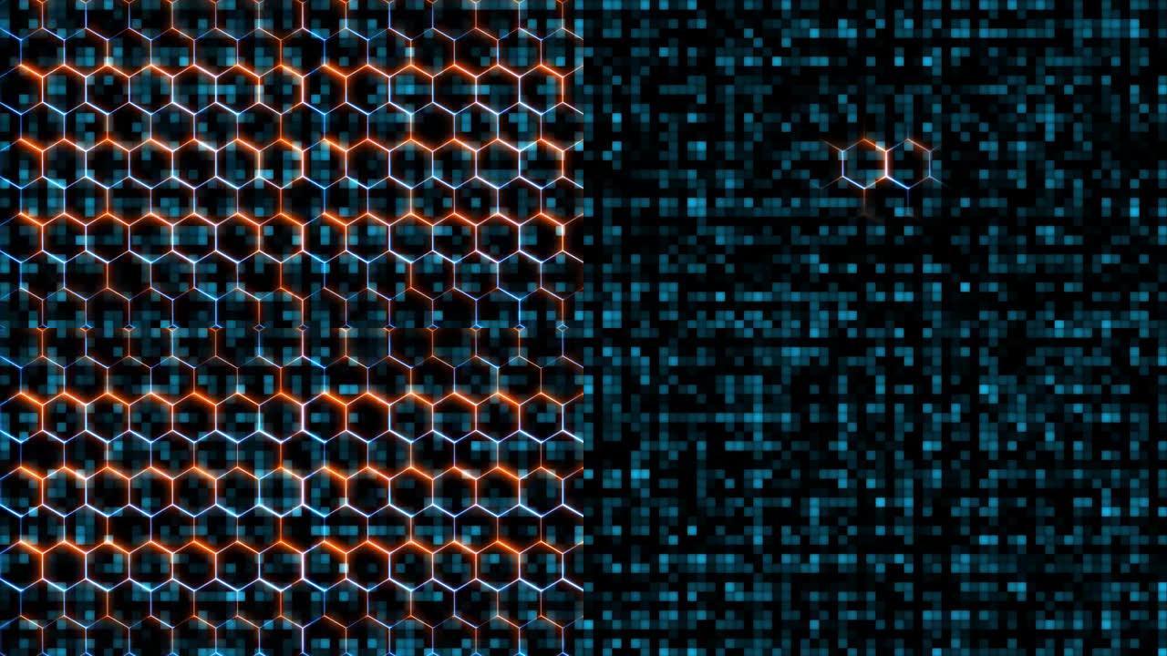 六边形和红蓝激光动画覆盖和保护及可视化波技术数字表面背景，抽象蓝色色调方光粒子图案波形振荡
