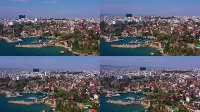 晴天的安塔利亚老城和老城码头。土耳其。鸟瞰图