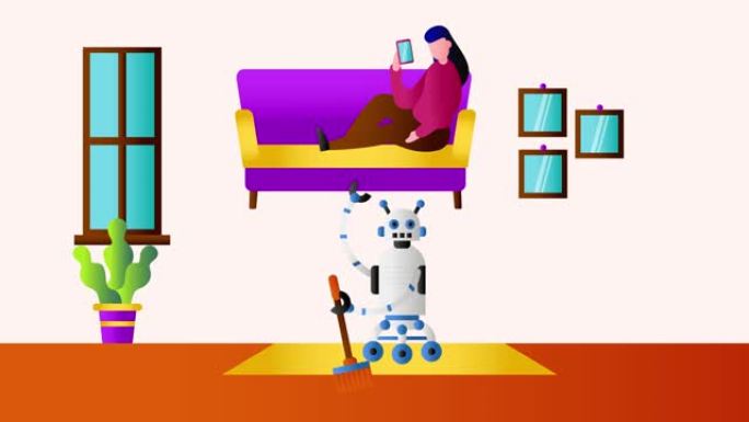 放松的女人用机器人打扫房子