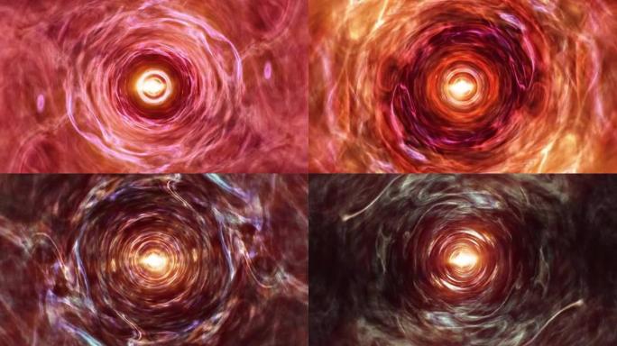 抽象粉红垃圾能量涡流隧道旋转无缝环路。4K 3D渲染科幻云能量螺旋隧道，用于音乐舞台、过渡、表演、标