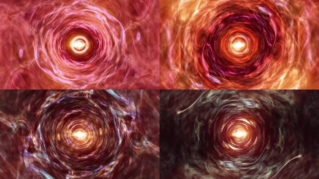 抽象粉红垃圾能量涡流隧道旋转无缝环路。4K 3D渲染科幻云能量螺旋隧道，用于音乐舞台、过渡、表演、标