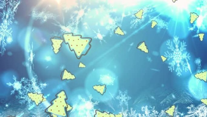 圣诞树和雪花落在bokeh蓝白灯光上的动画