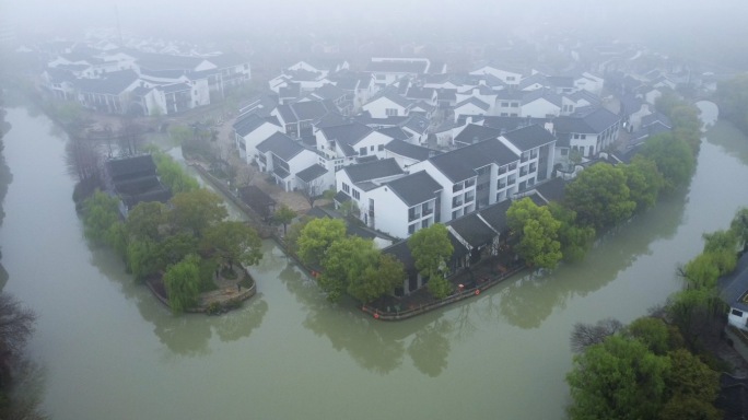 4k航拍嘉兴芦席汇雨后清晨