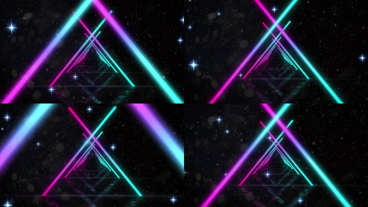 霓虹三角形的数字动画在无缝运动和黑色背景上闪耀的星星