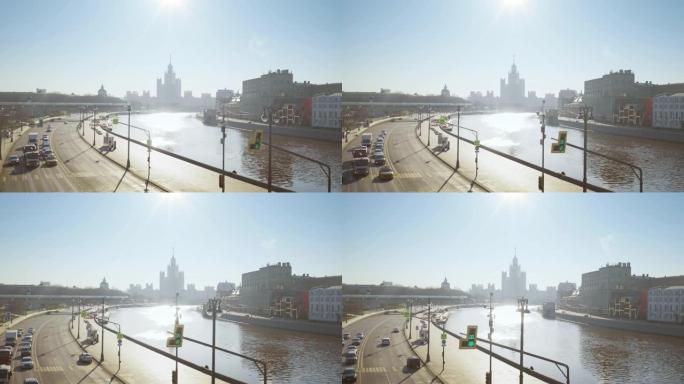 从俄罗斯莫斯科大桥看科德尔尼克什卡亚堤防春晨河