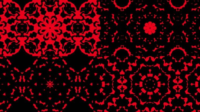 抽象红色几何无缝图案背景。抽象条纹万花筒环。快速迷幻彩色万花筒VJ背景。迪斯科抽象背景。万花筒效应