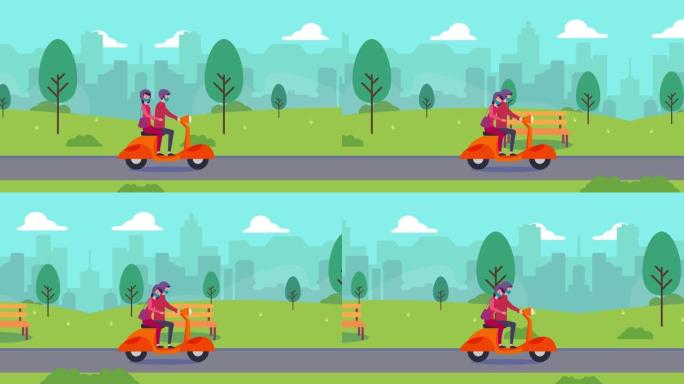 戴着面具的浪漫情侣在公园骑踏板车