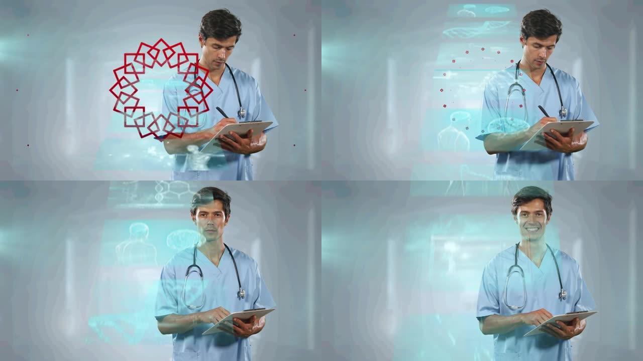 带有剪贴板的男性医生的数据处理屏幕动画