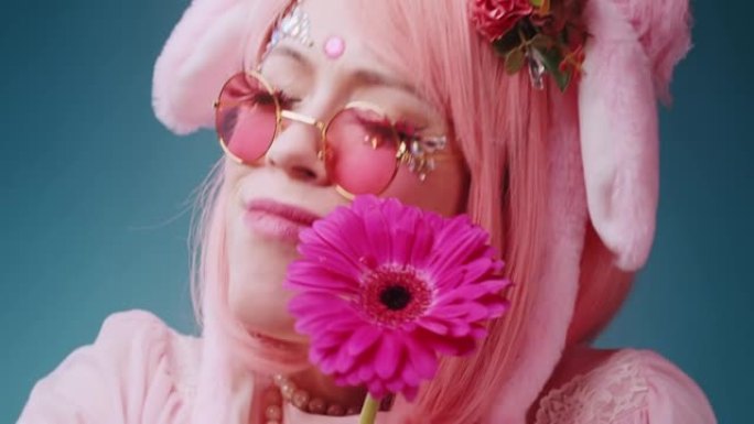特写粉红色可爱的糖果动漫女孩戴着粉色太阳镜拥抱一朵花，在蓝色背景上做情感上的鬼脸。美丽的亚洲角色扮演