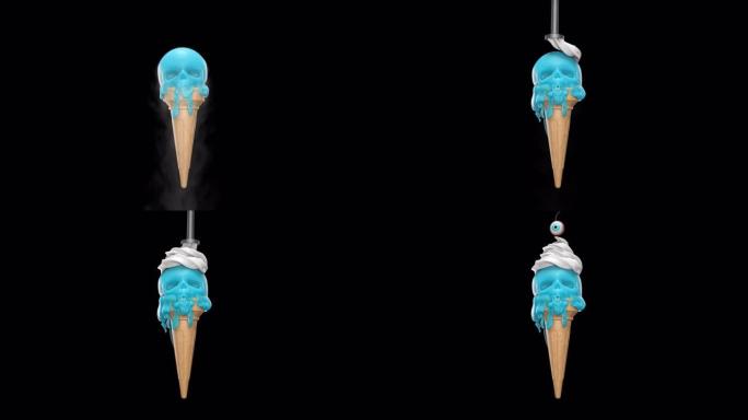 带有alpha通道的带有烟雾的头骨形式的蓝色融化冰淇淋