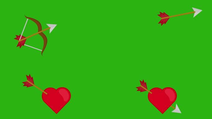 弓箭手弓向心脏射出箭的循环动画，丘比特和情人节的概念，在背景色度绿色上