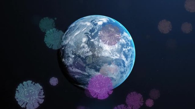 蓝色背景下旋转的地球仪上漂浮的多个新型冠状病毒肺炎细胞和光斑