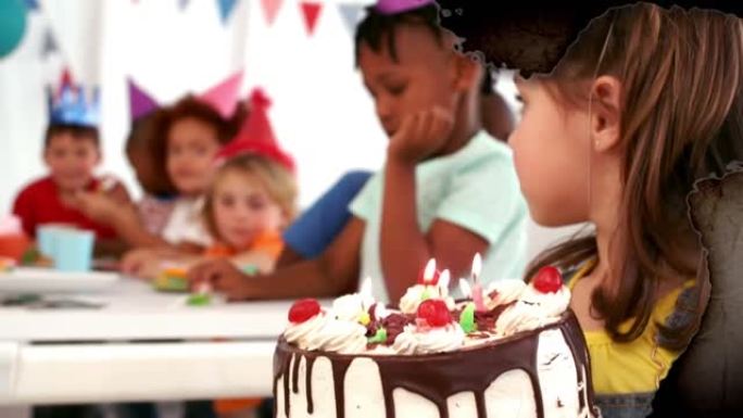 在生日聚会上用生日蛋糕在孩子身上燃烧文件的动画