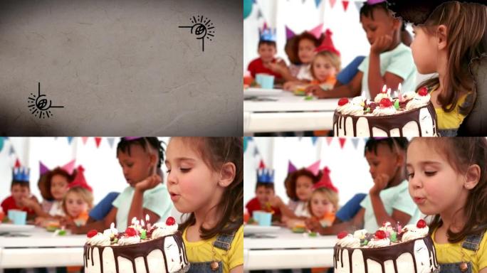 在生日聚会上用生日蛋糕在孩子身上燃烧文件的动画