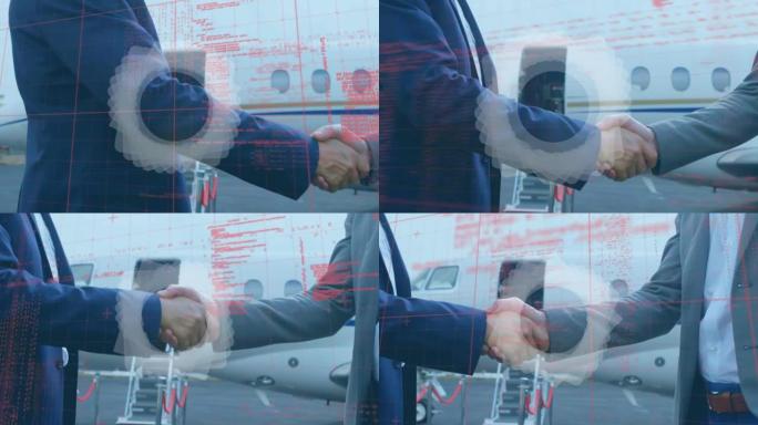 两个商人在机场跑道上握手的中间部分的抽象形状和数据处理