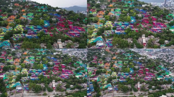 墨西哥新莱昂州蒙特雷山上美丽的彩色房屋 ..卡萨斯·科利达斯的空中无人机视图。