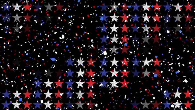 动画的红色和蓝色的纸屑落下和星星在黑色的背景