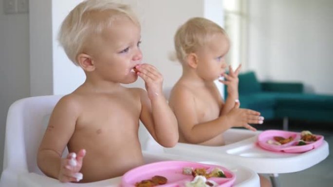 儿童健康均衡植物性饮食。2岁的双胞胎喜欢他们的有机素食午餐
